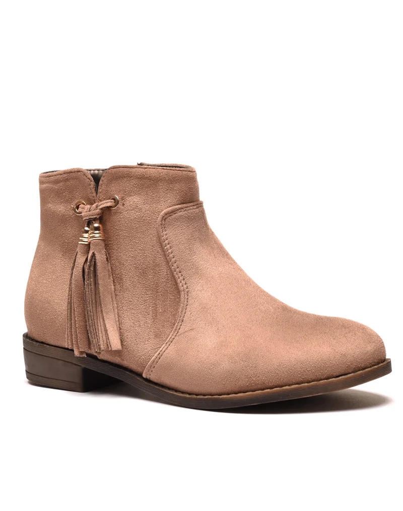 Bottines plates taupe avec pompons à franges