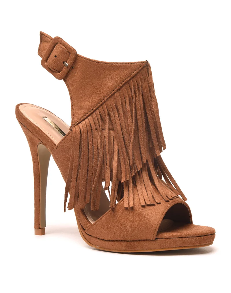 Sandales à talons camel effet suédine ouvertes avec franges