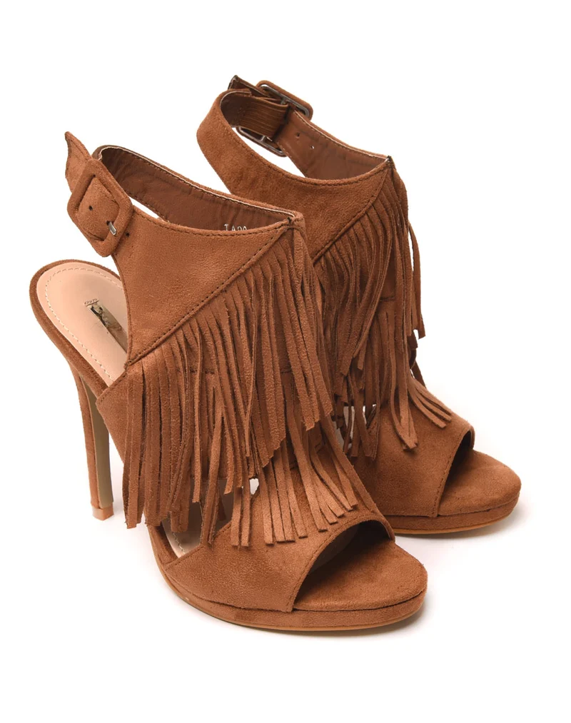 Sandales à talons camel effet suédine ouvertes avec franges