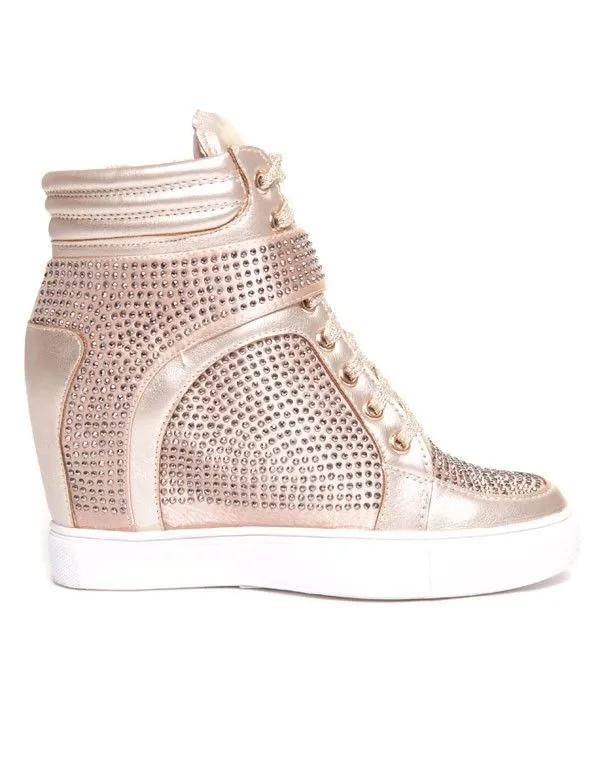 Baskets compensées dorées à strass