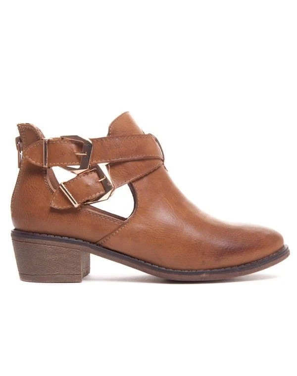 Bottines camels ouvertes à bout rond effet vintage