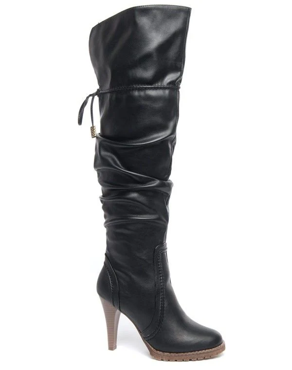 Botte haute Ideal noire à jambière plissée et talon bottier fin