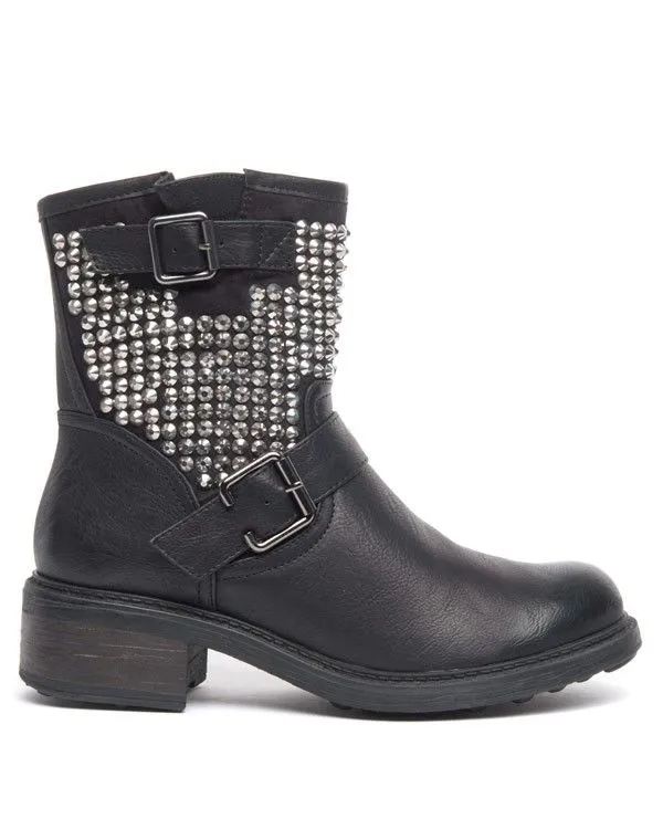 Bottes Idéal à strass double boucle et effet patiné vintage noir
