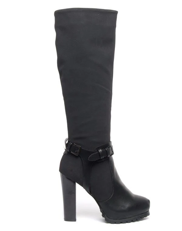 Bottes noires Sinly style cuissarde bi-matière talon haut et carré