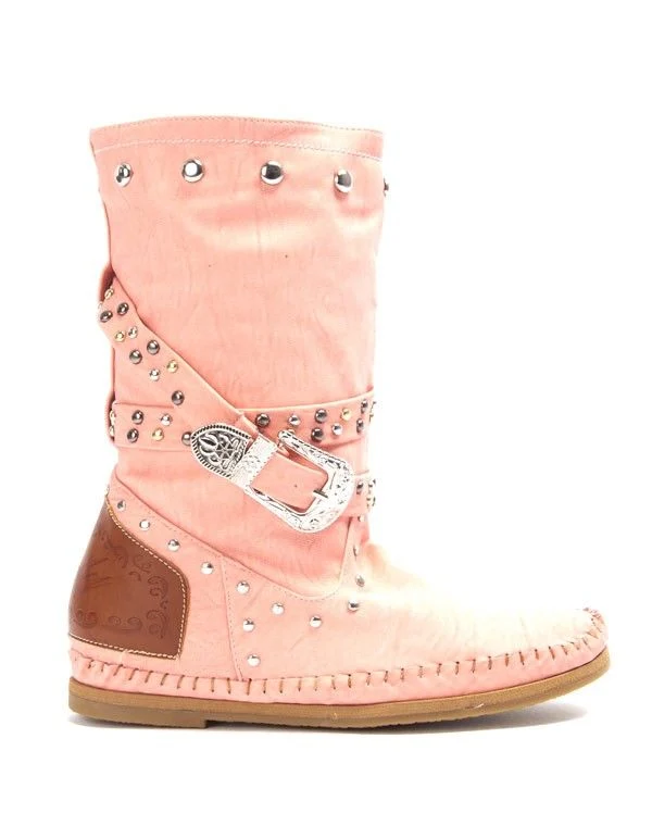 Chaussures femme Sinly: Botte plate ornée de clou rose